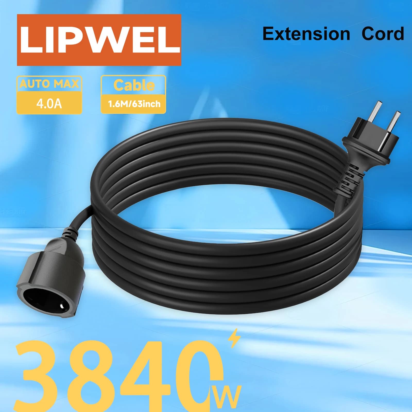 Cavo di prolunga europeo LIPWEL, cavo di alimentazione durevole ignifugo da 1/1,8/3/5/7/10 m, alta potenza da 3840 W per uso domestico e esterno