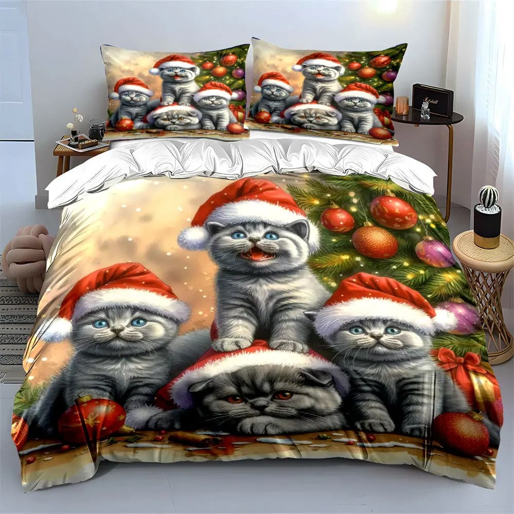 Festive kittens in Santa hats by a Christmas tree Print Duvet Cover Bedding Set Included 1*Duvet Cover 2*Pillowcases
