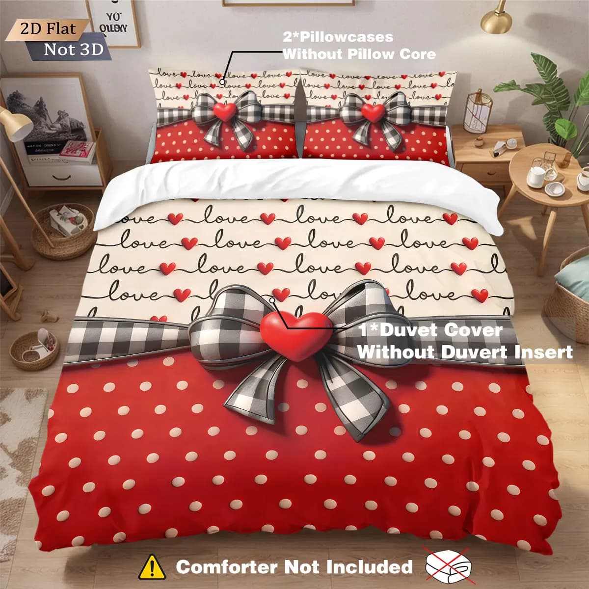 Set copripiumino in piumino senza anima con stampa romantica di San Valentino da 3 pezzi, biancheria da letto per camera da letto multiformato, decorazione natalizia