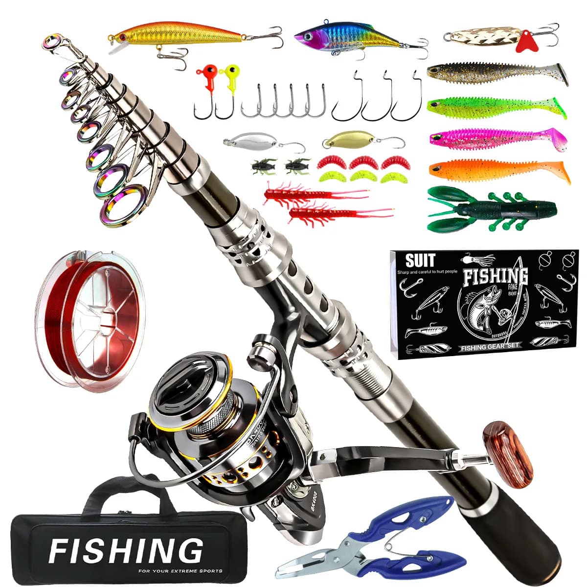 Set completo di canne da pesca con canna telescopica, mulinello da spinning, esche, ami e canna da viaggio