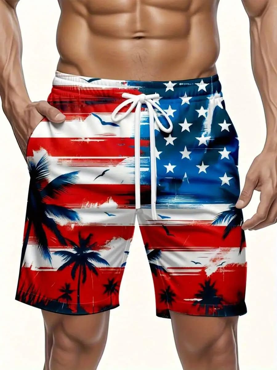 Mens Casual Beach Shorts With American Flag And Palm Tree Print Red White Blue Quick Dry