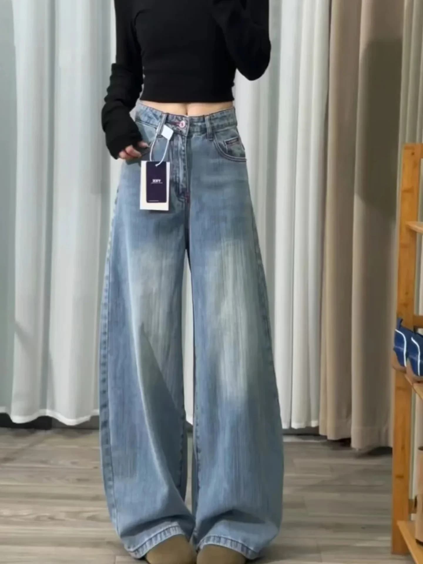 Summer 2026 High Waist Loose Fit Thin Denim Jeans American Style Retro Wide Leg Pants Slimming Effect Casual Pure Color