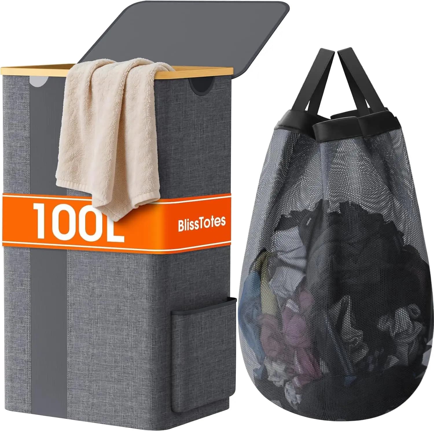 Cesto Portabiancheria da 100L con Coperchio, Cesto Traspirante con Manici e Sacca Rimovibile per Camera da Letto, Bagno, Dormitorio - Grigio Chiaro