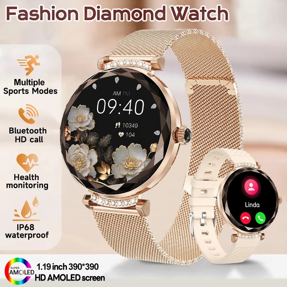 2026New Fashion Women Smart Watch 1.19 inch 390*390 HD Display Heart Rate Blood Oxygen Monitoring Bluetooth Call Smartwatch Lady