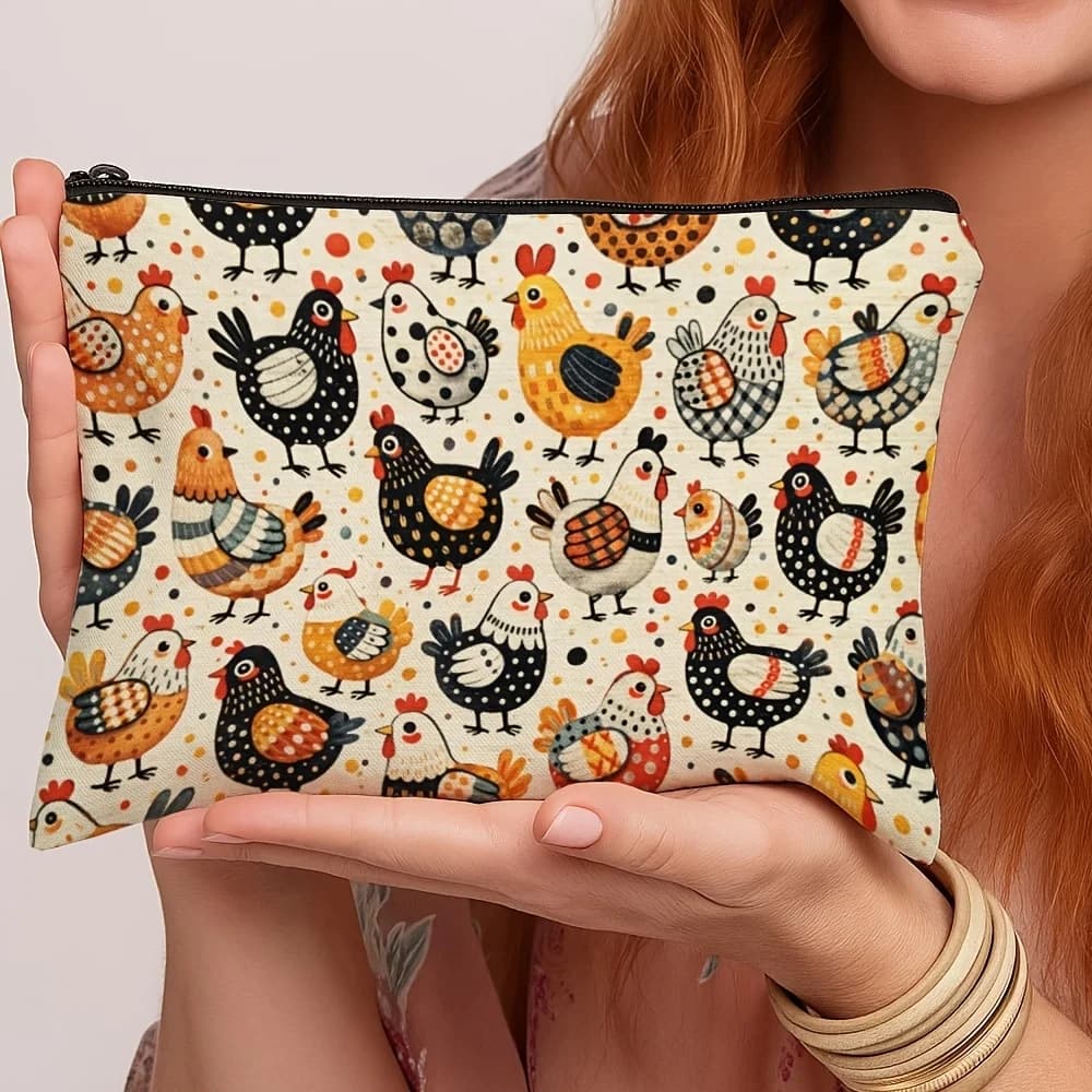 Cute Cartoon Chicken Print Zipper Makeup Bag Vintage Farm Hen Pattern Cosmetic Pouch Portable Ladies Travel Storage Purse