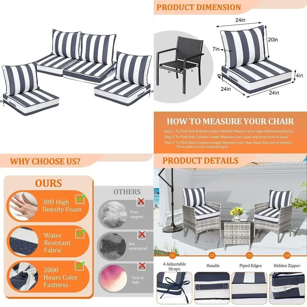 Chair Cushions with Back, Deep Seat Patio Cushions with Hidden Zipper Ties Handle, Waterproof Patio Furniture Replacement Cushi