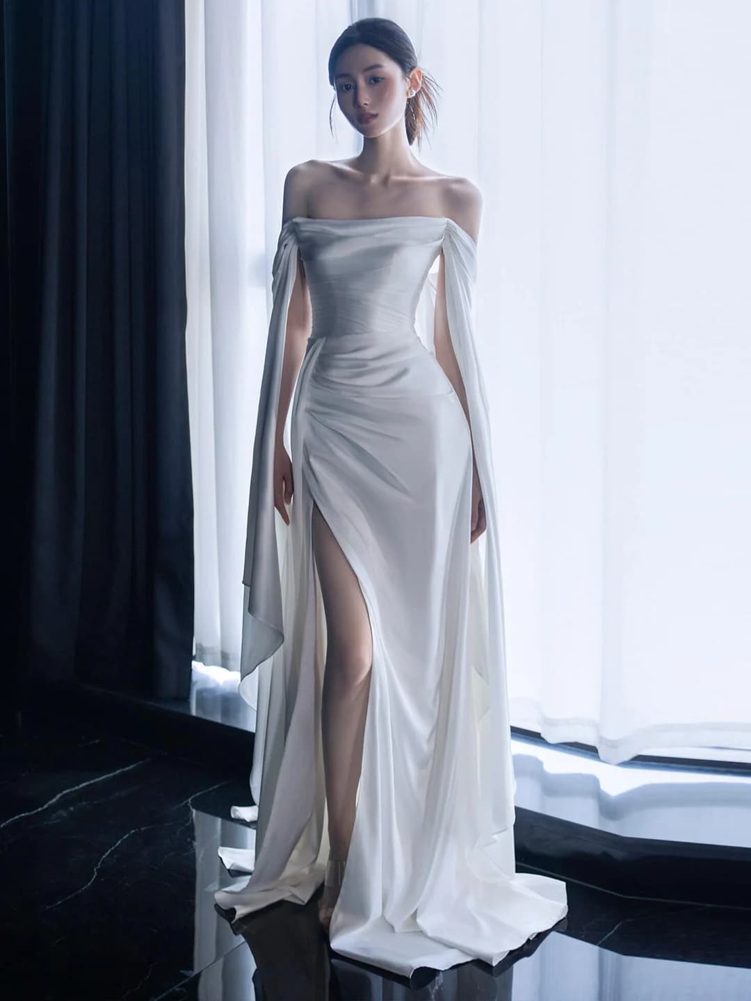Ele Satin Wedding Dr One-oulder Fi-Tail Gown White Simple Bridal Dr out Door Veil Engagement Par Long Dr