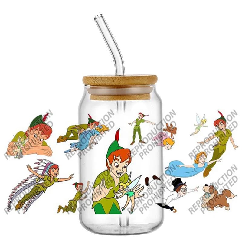 Adesivi 3D UV DTF per Bicchieri Serie Cartoon Peter, 16oz Libbey Glass, Adesivi Fai-da-Te Lavabili, Regalo Creativo