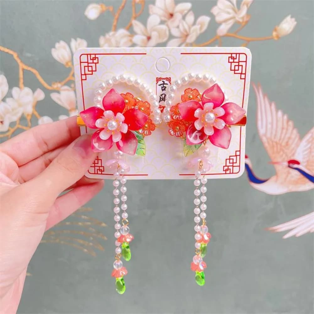 Fermaglio per capelli rosa alla moda, accessorio per lo styling in stile cinese, fermaglio a becco d'anatra con fiore e nappa per ragazze