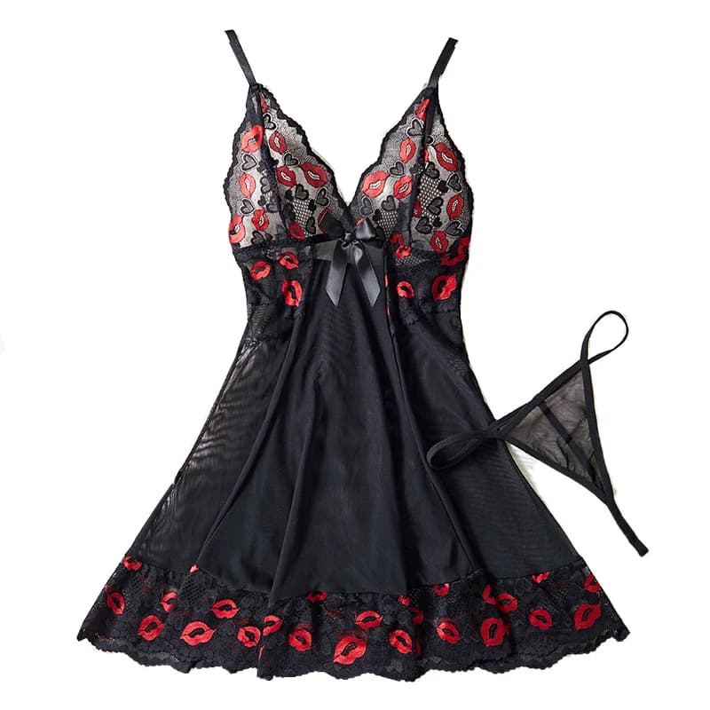 Completo intimo sexy in pizzo nero da donna con stampa Love Lipstick, reggiseno e slip, elegante set due pezzi per la casa e il sonno