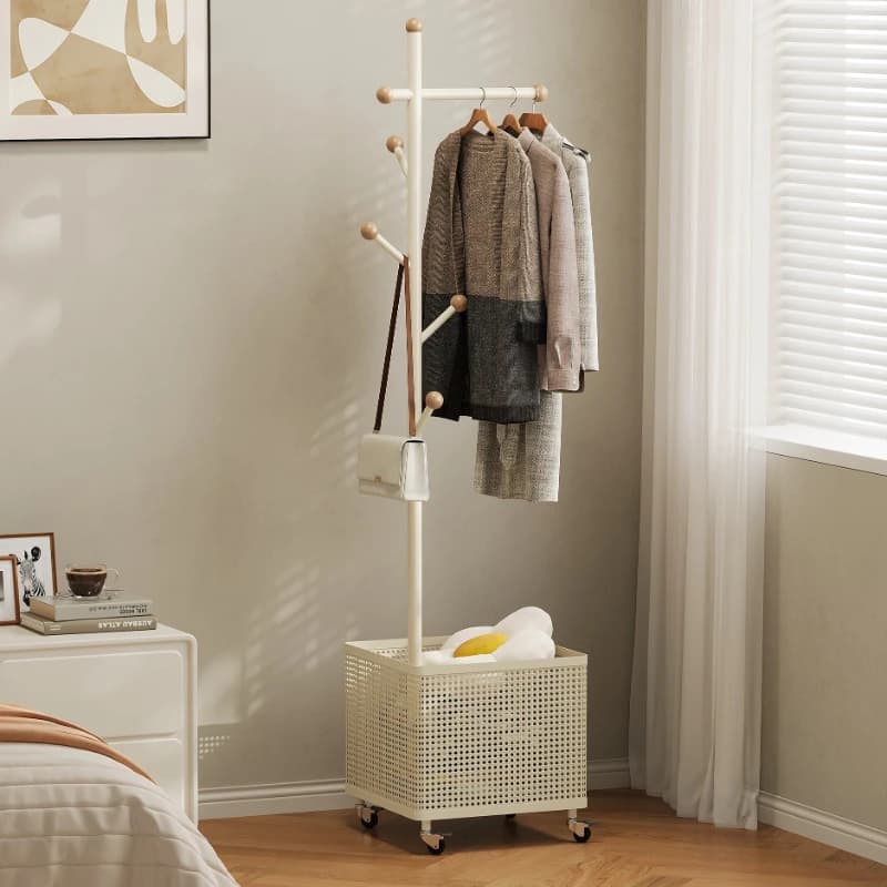 Ground coat rack in iron color cream with door hats for bedroom, shelves spacious container for the house and basket mobile whiteboard