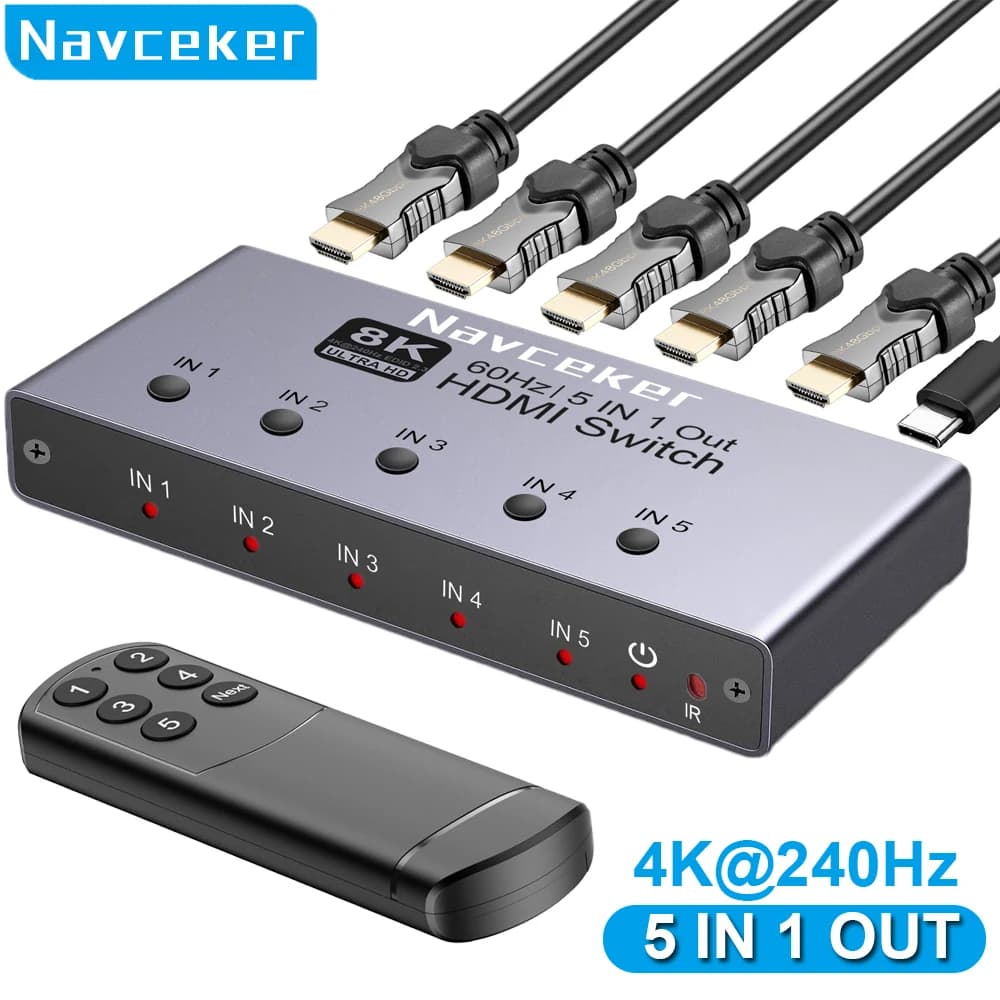 Navceker Switch HDMI 2.1 8K Splitter 4K 240Hz 5 Porte con Telecomando 5 Ingressi 1 Uscita per PS5 Xbox Series X Apple TV