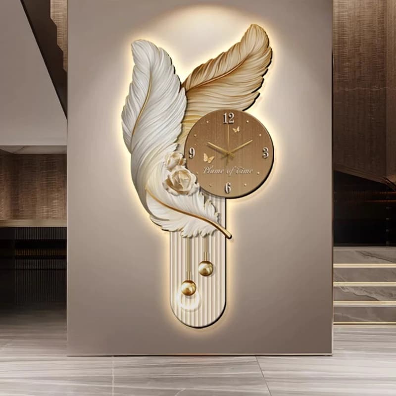 Orologio da Parete LED di Lusso con Piume, Decorativo per Ingresso e Corridoio, Silenzioso, con Lampada da Parete, Arredamento Casa
