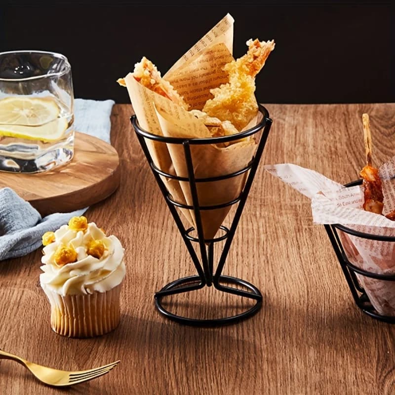 Cestino per patatine fritte in acciaio inossidabile, per pollo fritto, popcorn, anelli di cipolla, piatto conico, cestino per snack da ristorante