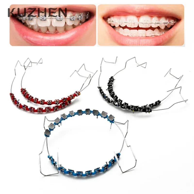 1Pair Colorful Brackets Dental Fake Braces With Hook Temporary Tooth Decoration With Metal Wires Bracket Ligature Tie