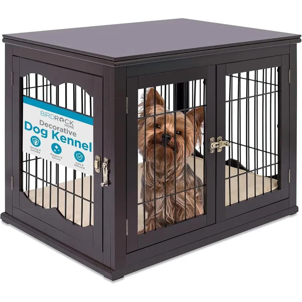 Cuccia per Cani in Legno a Doppia Porta con Letto Integrato, Grande Gabbia per Animali Domestici da Interno con Tavolino Laterale