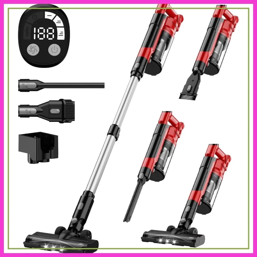 Aspirapolvere Senza Fili 350W 35kPa, Aspirapolvere a Bastone Brushless con 3 Modalità di Aspirazione, 6-in-1 HEPA per Pavimenti, Tappeti e Auto