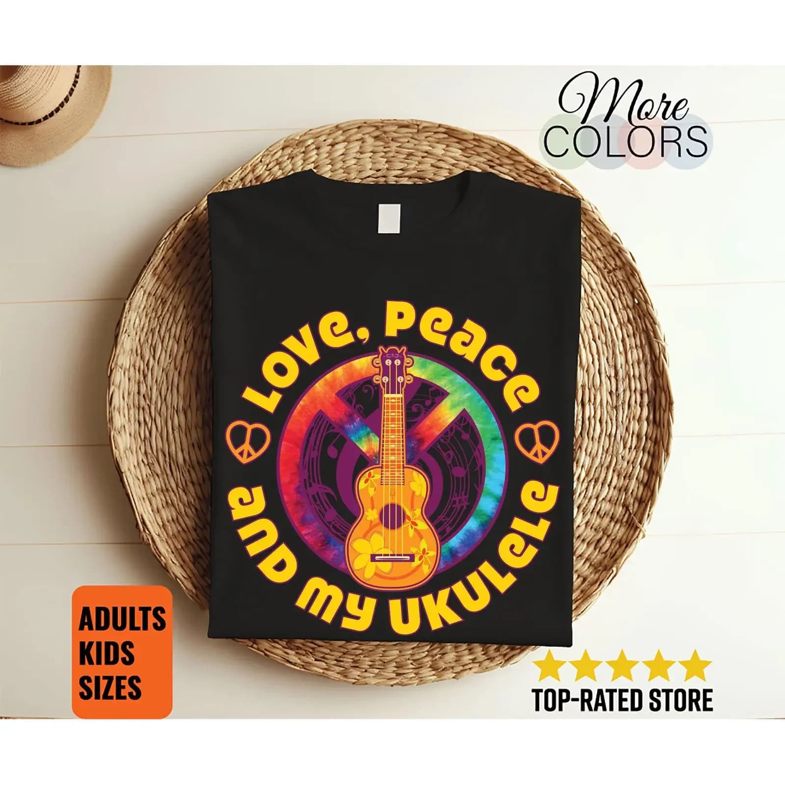 Love Peace And My Ukulele T Shirt Vintage Hippie Tie Dye Sign Music Festival vintage Washed Comfortable Stretched Soft Unisex
