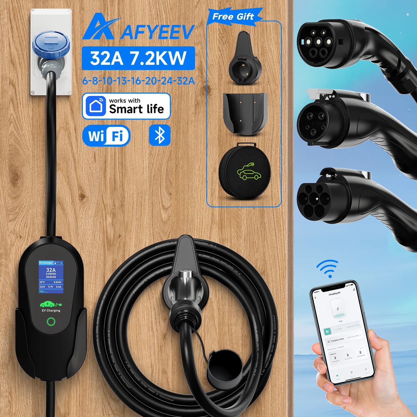 AFYEEV 7.2KW 32A Caricatore portatile Type2 IEC62196-2 EV Type1 SAE J1772 Caricatore per auto elettrica GBT EVSE Cavo di ricarica WiFi APP
