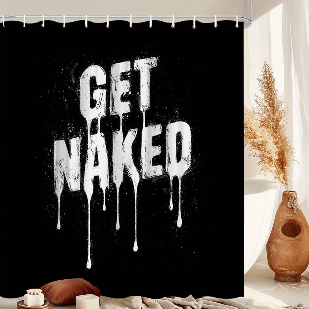 Tenda da doccia bianca e nera 1 pezzo – Tenda da bagno divertente con scritta “Get Naked” in carattere effetto goccia, per un arredamento bagno minimalista e audace