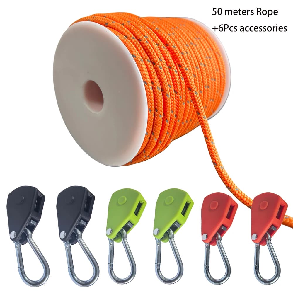 Corda riflettente da 50 m per tenda, cordino da 4 mm e 6 fermagli per corda antivento, corda per stendibiancheria da campeggio all'aperto