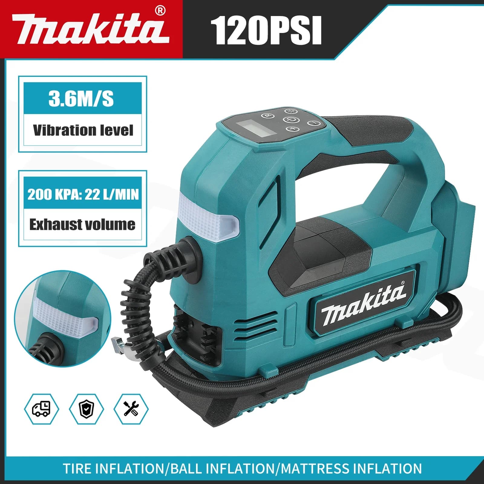 Pompa ad aria senza fili Makita brushless agli ioni di litio: Gonfiatore portatile per pneumatici con display digitale per auto e moto 18V