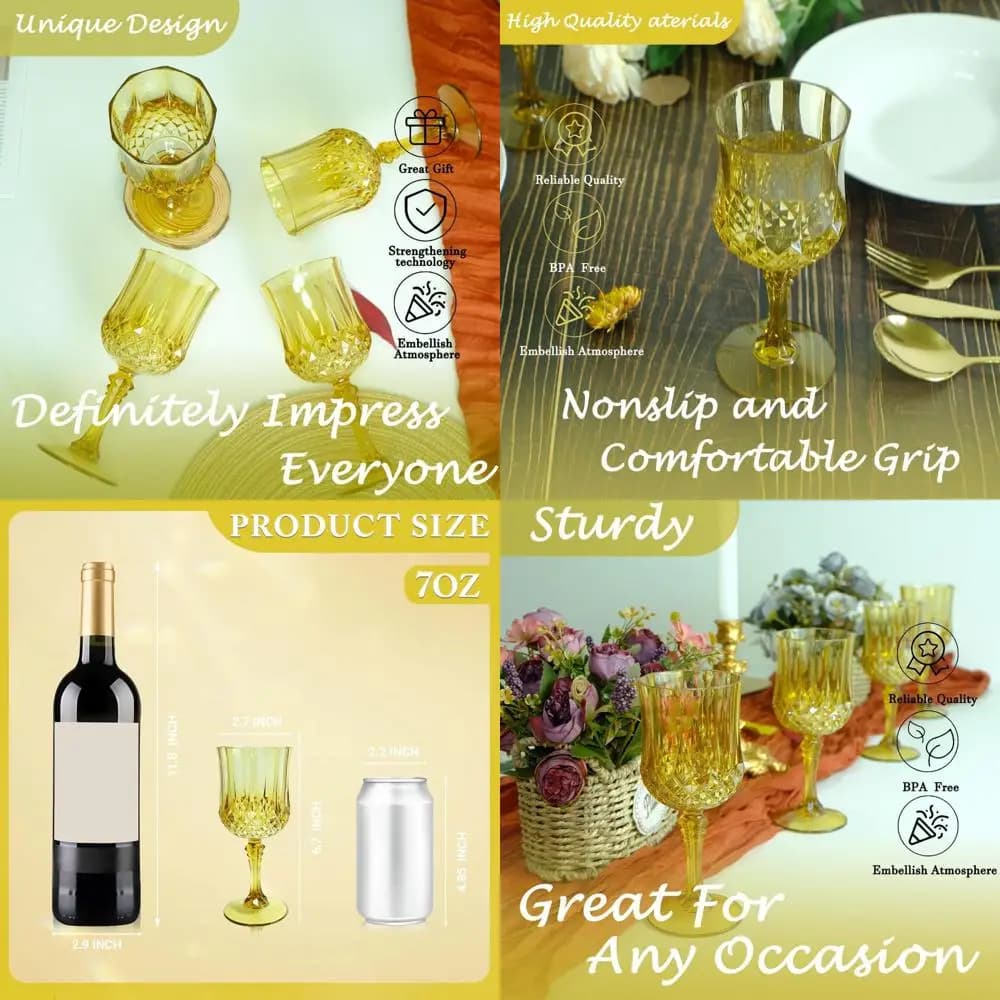 Bicchieri da Vino in Plastica Infrangibili Stile Vintage Dorato, Confezione da 100 per Matrimoni, Feste ed Eventi Speciali