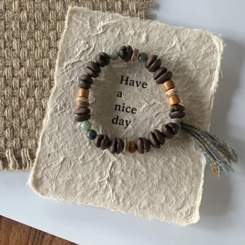 Handwoven Maillard Couple Bracelet New Chinese Coffee Bean Green Grass Stone Beads Elastic String Trendy Accessory