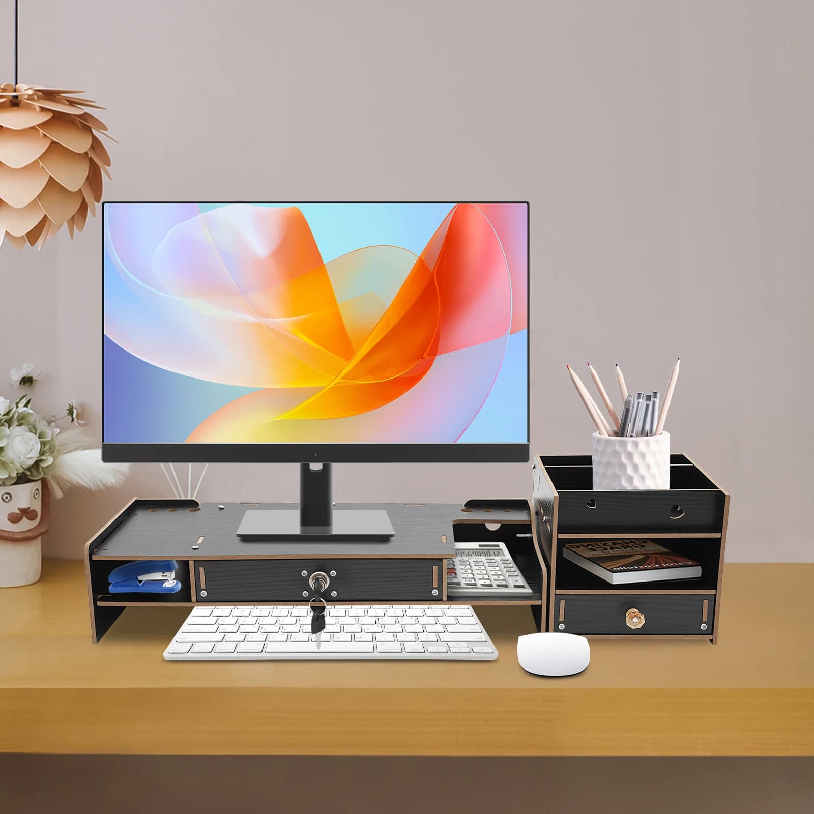 Supporto per Monitor, supporto per Computer regolabile con un cassetto, Organizer da tavolo multifunzionale per Laptop, PC, stampante
