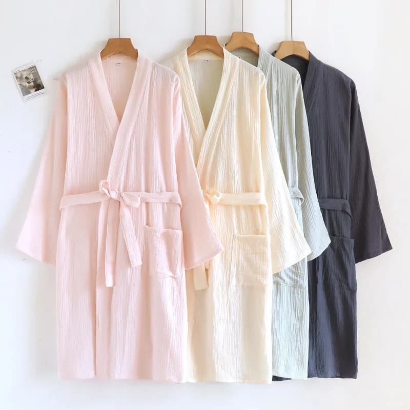 2026 New Spring and Autumn Couple Night Dress 100% Cotton Crepe Bathrobe Large Color Solid Home Vestes Views for Women