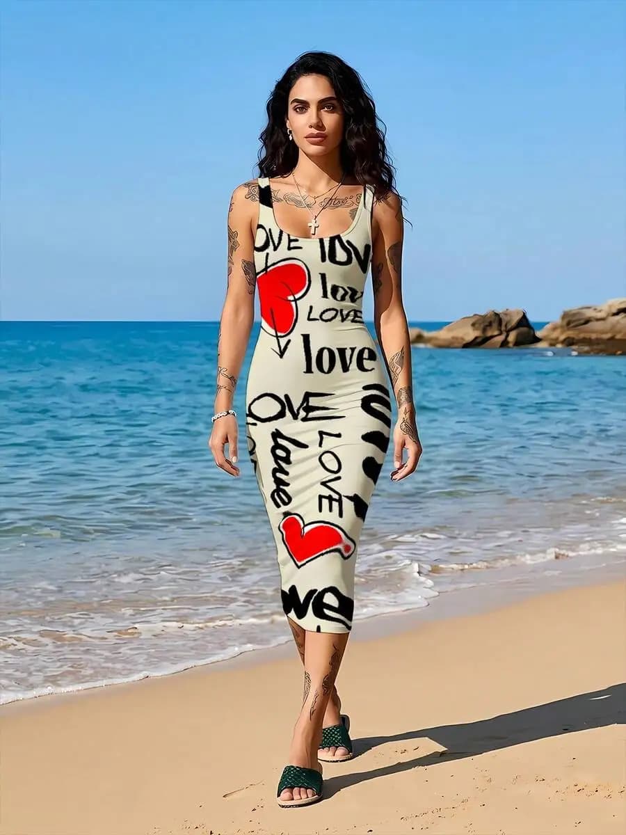 Abito aderente senza maniche da donna con stampa Love, lunghezza al ginocchio, abbigliamento estivo da spiaggia