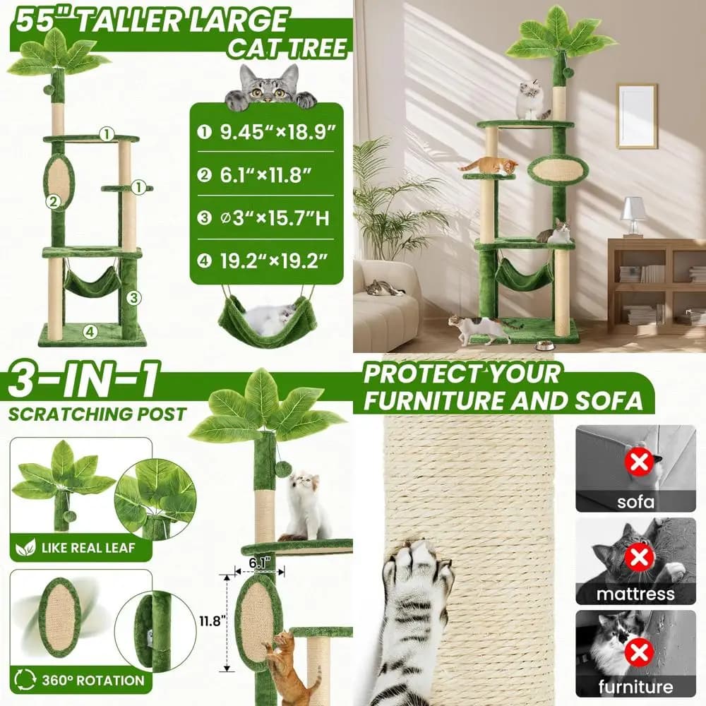 Torre per Gatti Green Leafy 55 con Amaca e Tiragraffi in Sisal per Gattini Giocosi e Gatti Adulti