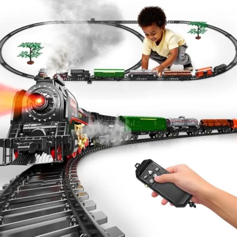 Set Treno Modello Telecomandato per 3+ Anni con Locomotiva a Fumo a 3 Funzioni, 5 Vagoni, Kit Pista di Lusso, Suoni Autentici, Luci e Fumo, Ideale per Bambini