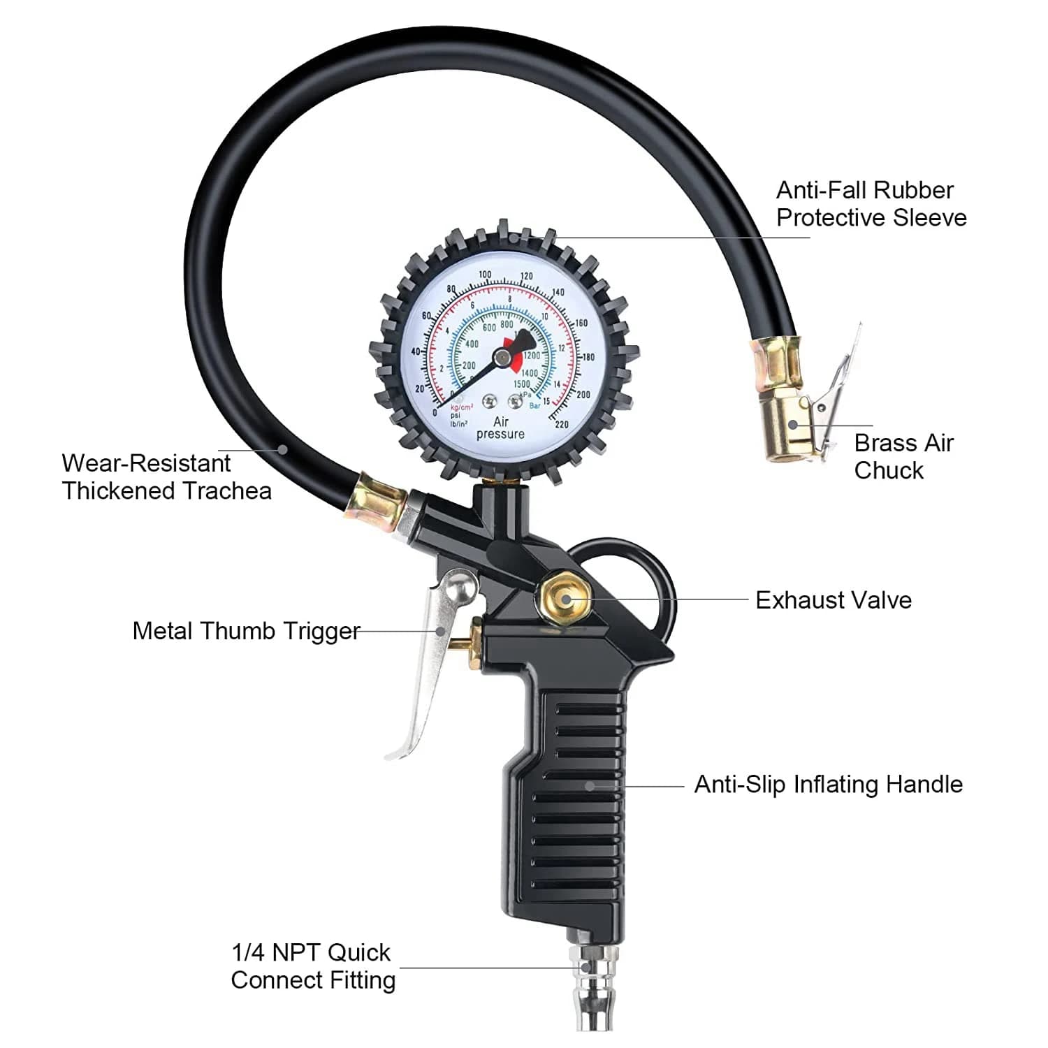 AB56-Manometro per pneumatici per auto 220 PSI Gonfiatore per pneumatici con compressore d'aria per strumento centrale valvola per camion da bicicletta per auto moto