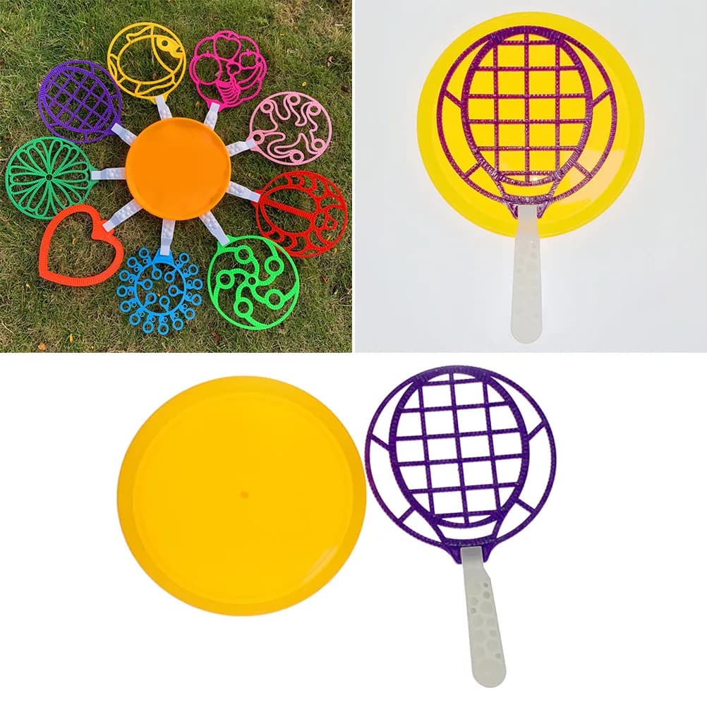 Tools to blow bubbles of creative soap, giants, shaped like tennis racket, for birthday parties, weddings and outdoor fun.