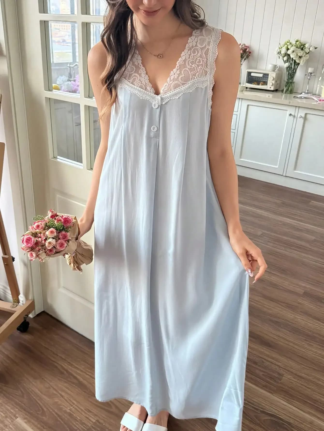 Snug Reverie Women's Midi Nightgown Baby Blue Sleeveless V-Neck With Contrast Lace Details Semi-Sheer Woven Fabric Sleep Dress V