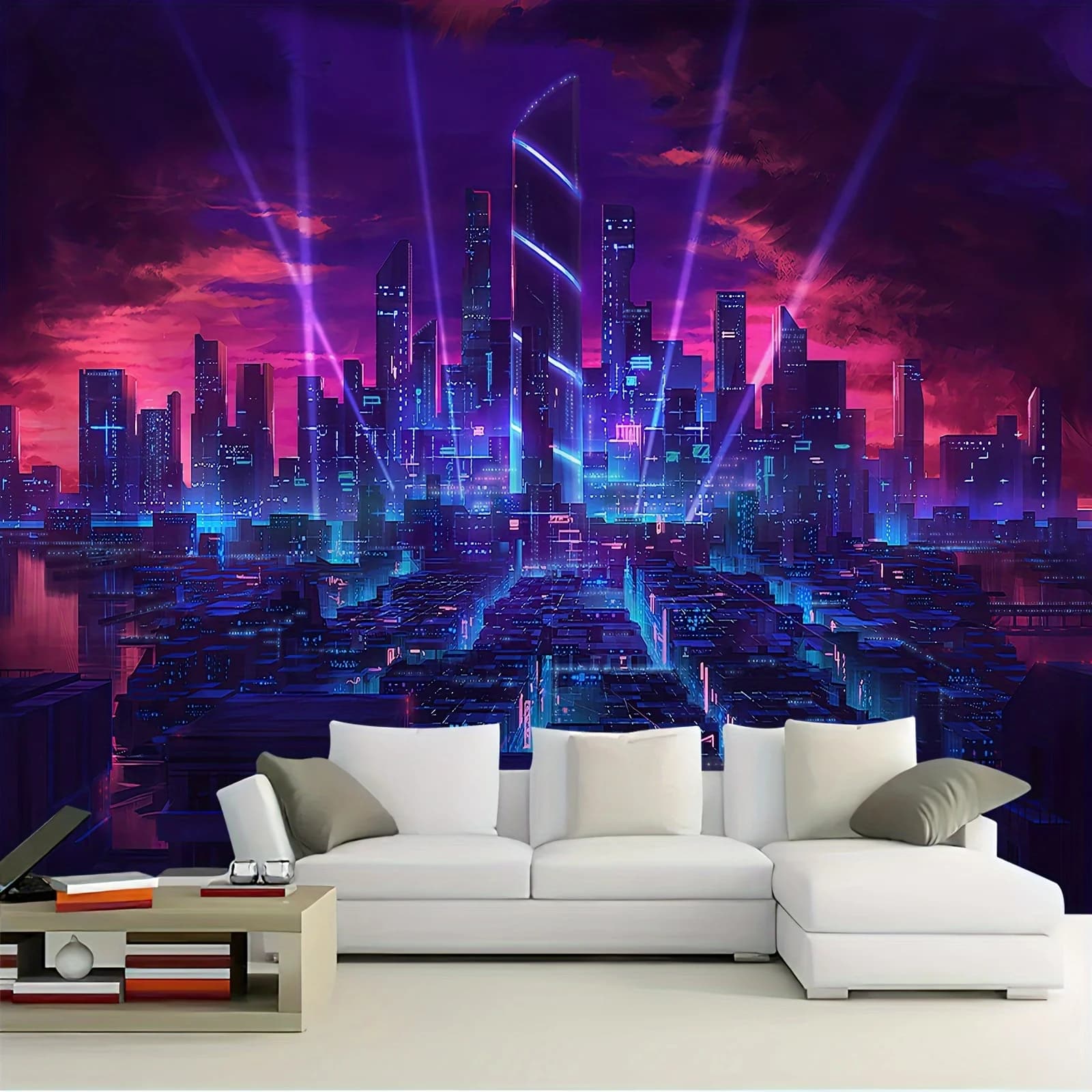 VIKAMA Cyberpunk City Arazzo Blu-Viola Neon Paesaggio notturno Soggiorno Caratteristica da appendere alla parete Decorazione futuristica della stanza