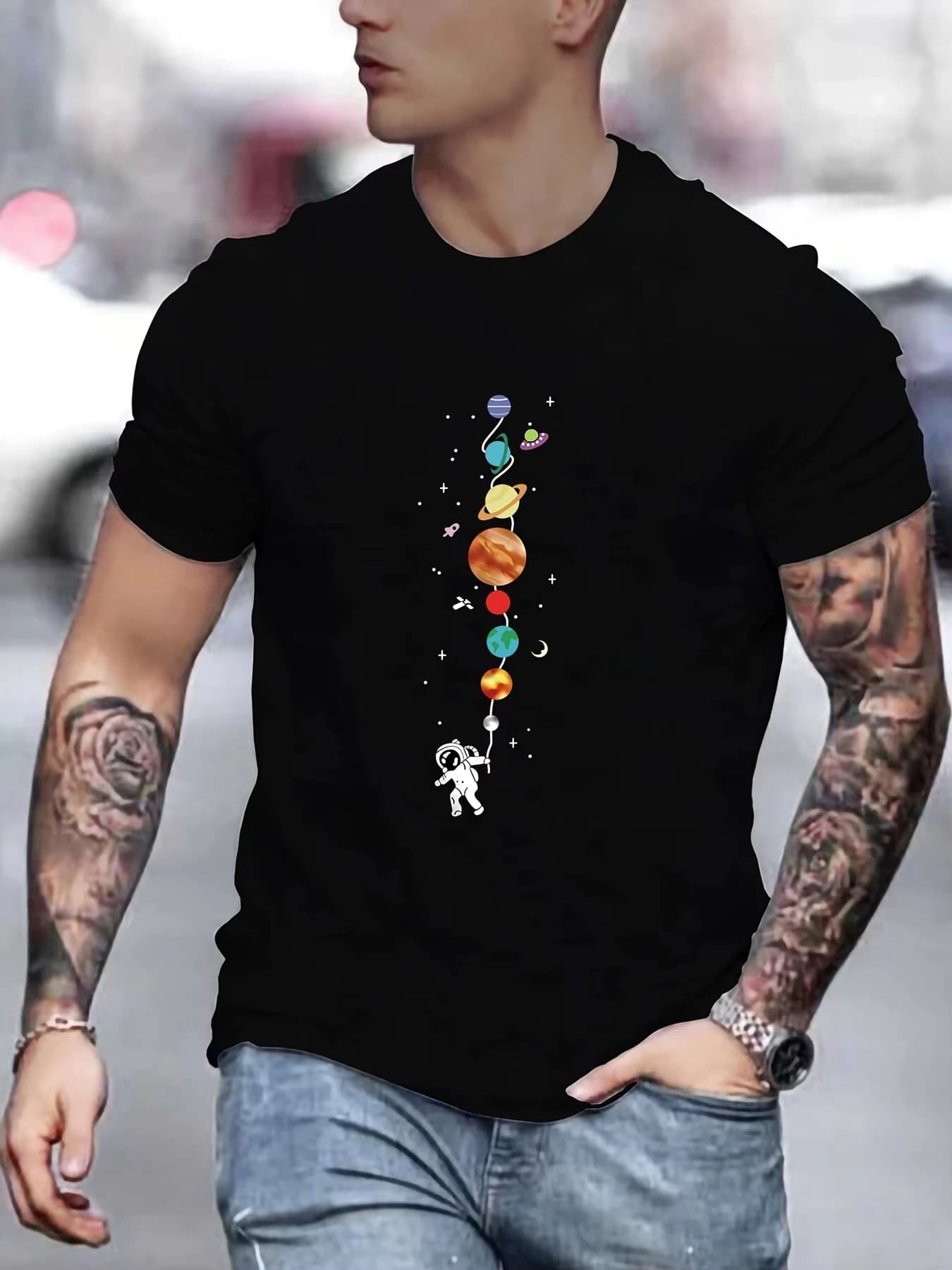 Men's Cotton Summer T-shirt Loose Size Astronaut Planet Pattern Print Casual Fashions Comfortable Top Round Neck Short Sleeved