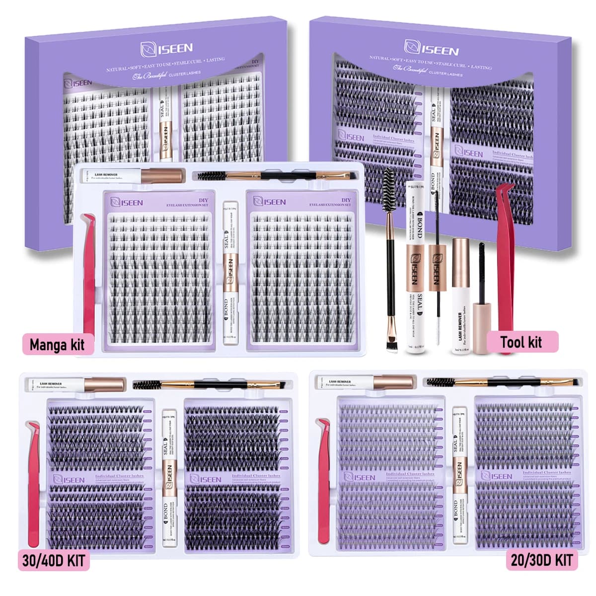 ISEEN Kit for extension clash do-it-y Cluster Mix Eyelashes Kit complete with tie and seal and tweezers for eyelashes and brush