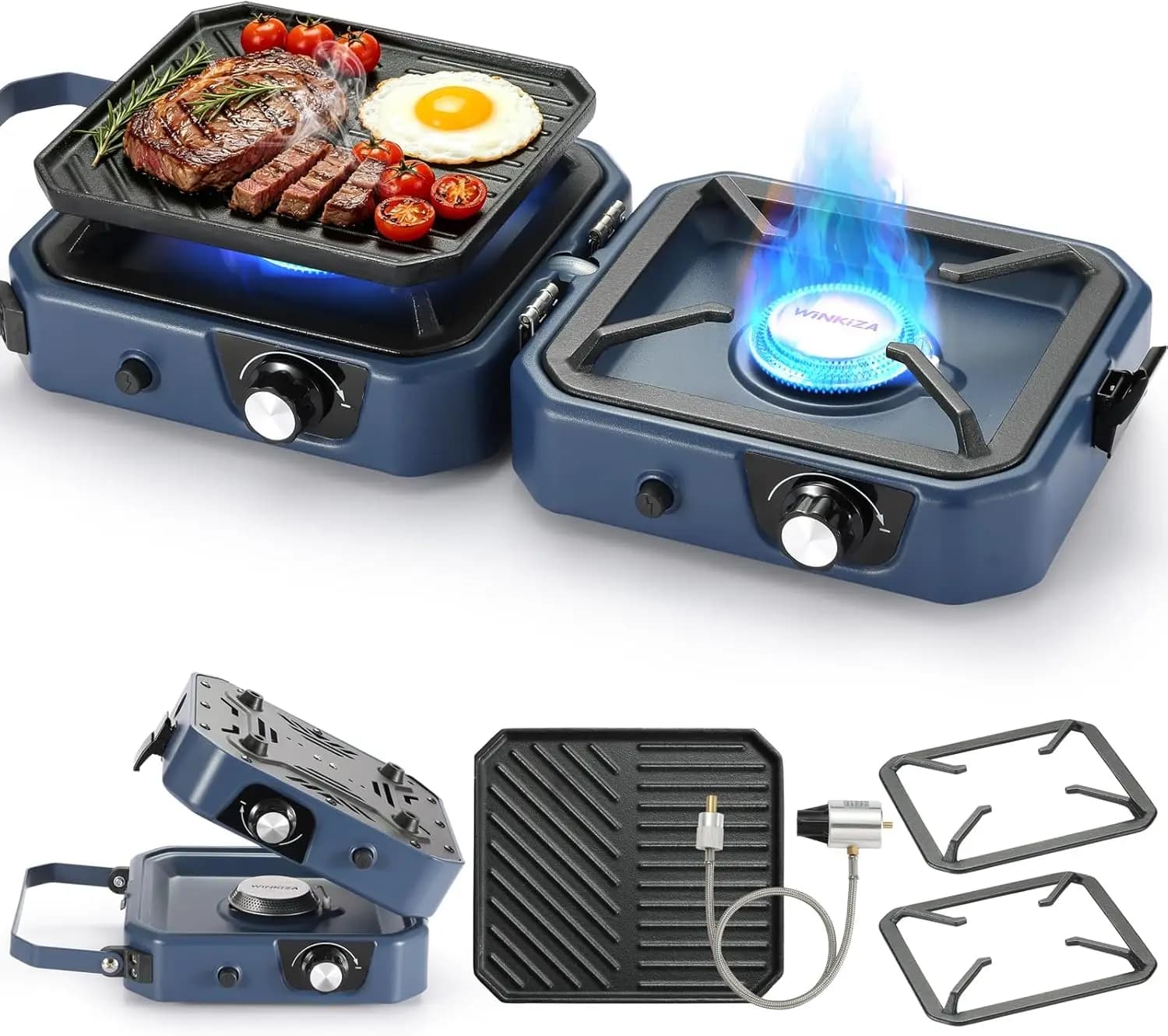 Fornello da Campeggio Portatile a 2 Fuochi con Piastra, 24000BTU, Pieghevole, in Acciaio Inox, per Cucina all'Aperto