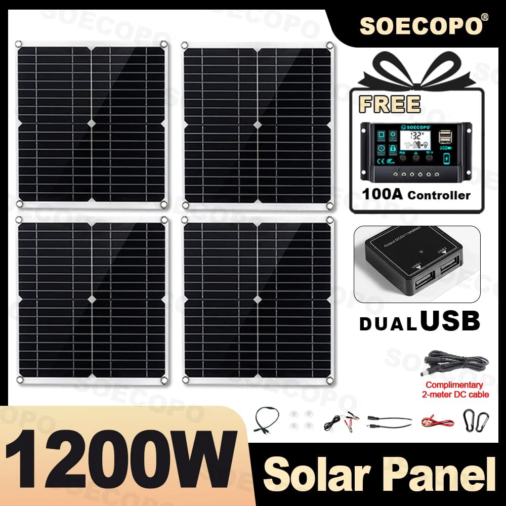 SOECOPO Kit pannello solare portatile da 1200 W con pannelli solari 4 * 300 W Controller 100A gratuito Doppio USB 5 V Ideale per