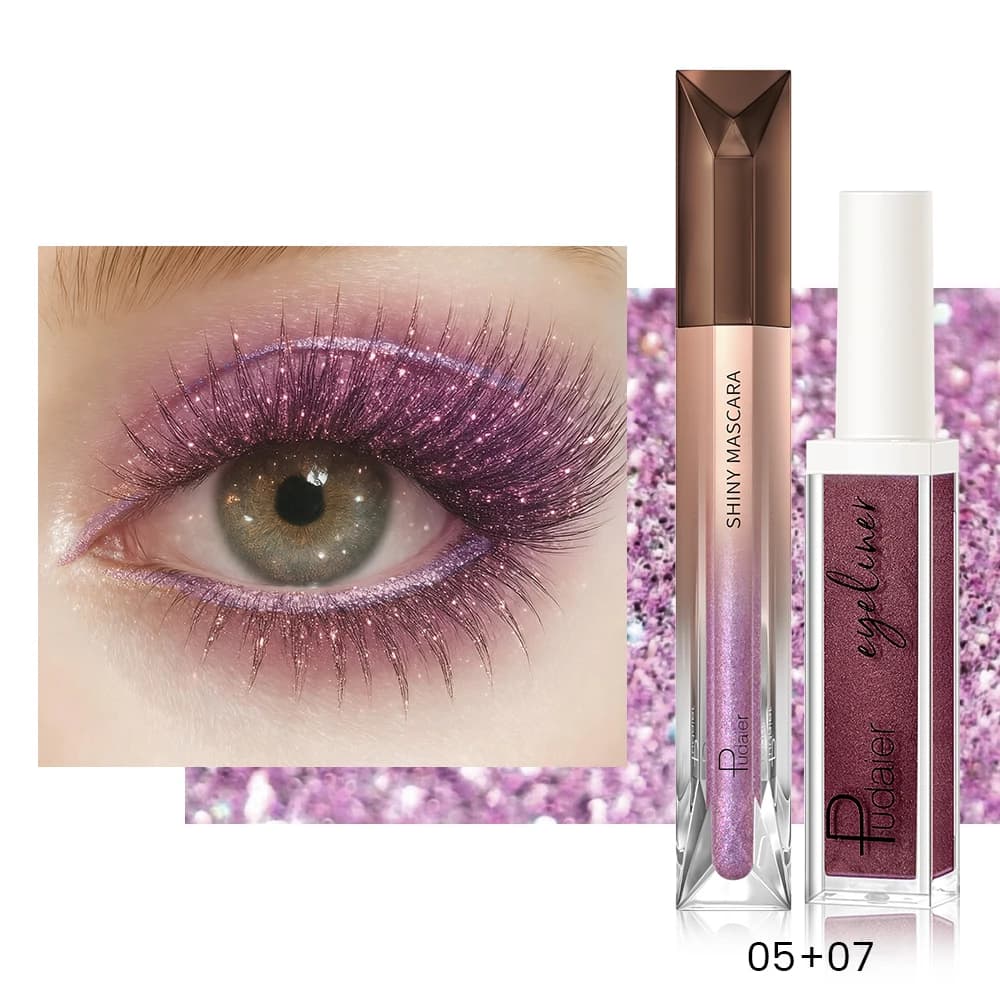 2-piece glittered mascara and Duo metallic eyeliner, waterproof, deburring-proof, durable shine for a luxurious glamorous makeup