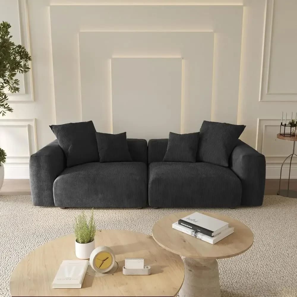 102 Inch Corduroy 2-Seater Sectional Sofa, Black, Removable & Washable Covers for Living Room