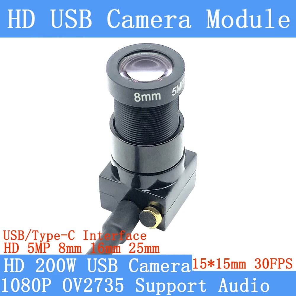 CCTV mini Full HD 1080P 30FPS low distortion, 2MP, Plug & Play, OTG UVC USB camera module with audio for USB Type-C interface