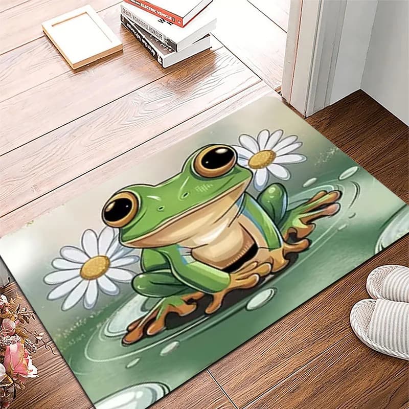 Simpatico tappetino con rana e margherite – Rana verde da cartone animato con fiori bianchi, fresco tappeto da porta a tema natura per la casa