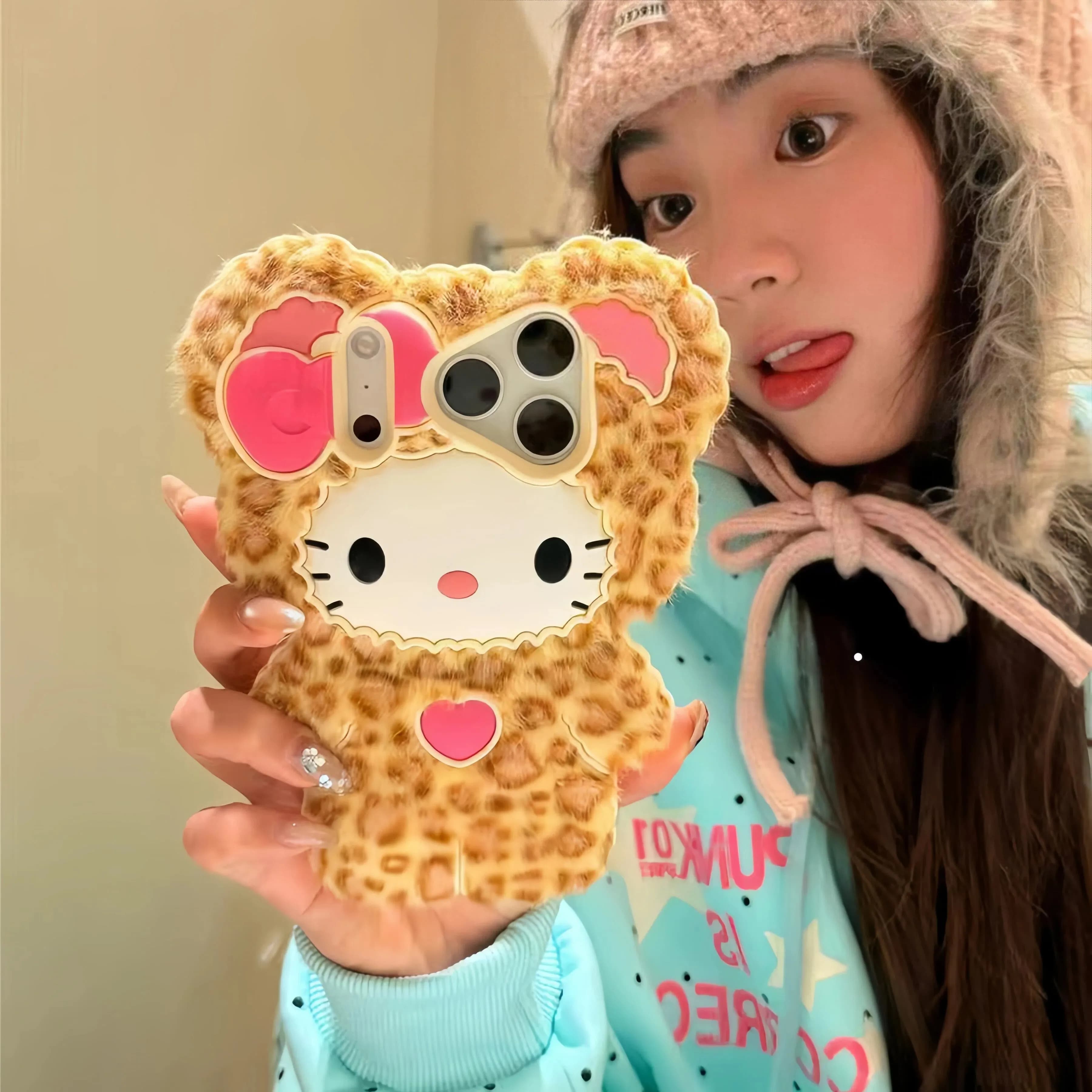 Custodia per telefono in peluche morbido con stampa leopardata Hello Kitty per iPhone 17 16 15 14 13 12 Pro Max Plus 17 Pro, cover posteriore in silicone con cartone animato
