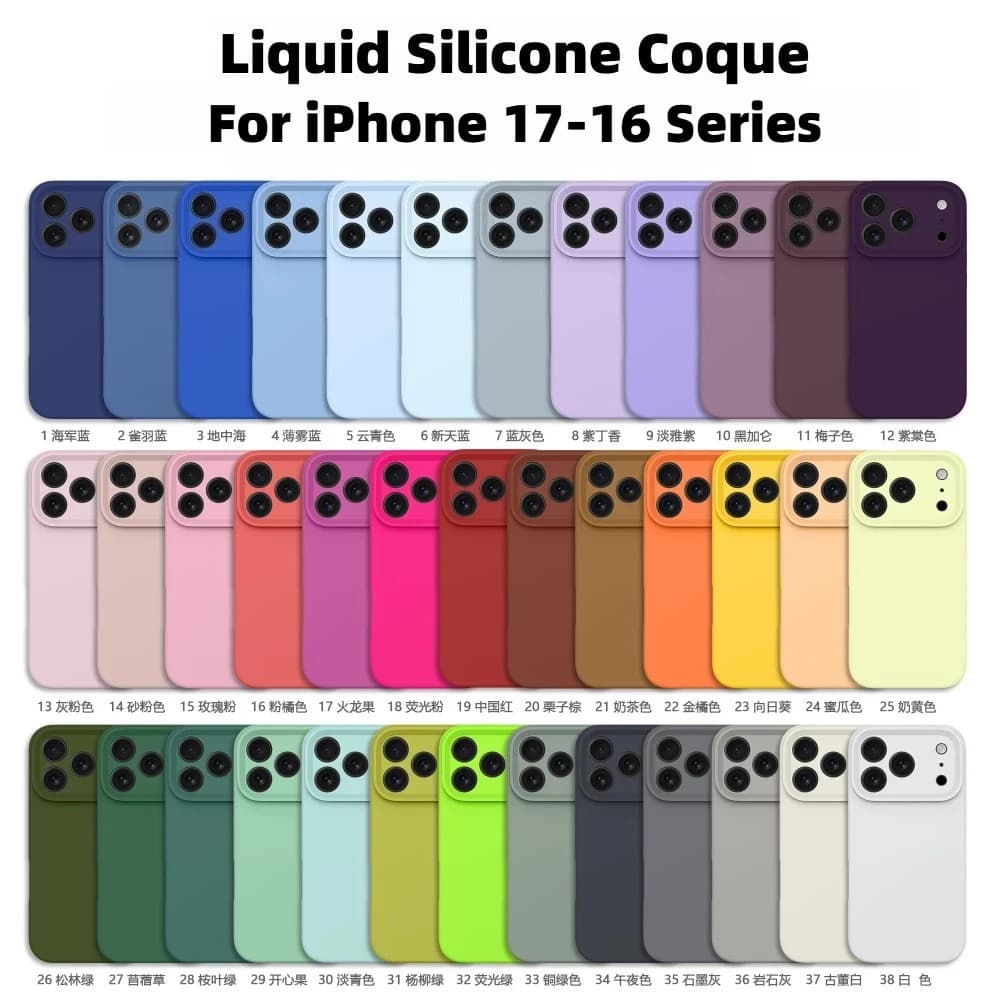 Custodia Protettiva in Silicone Liquido 1:1 Effetto Pelle 38 Colori Ufficiali per iPhone 17 16 Pro Max con Protezione Fotocamera Anti-caduta Morbida