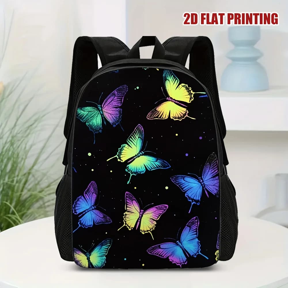Black backpack, single design with neon details, adjustable shoulder straps and large interior space, perfect for school and travel