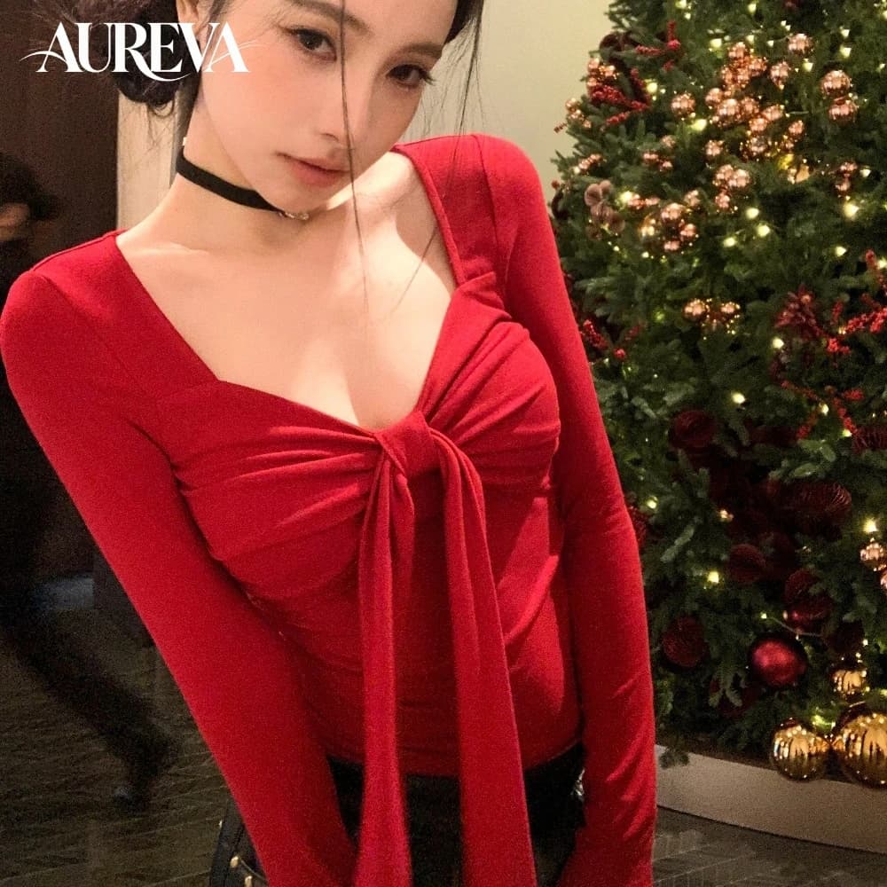Women Red Bow Long Sleeve T‑Shirt 2026 Autumn New Pure Desire Style Skinny Base Shirt Inner Wear Slim Fit Ladies Tops