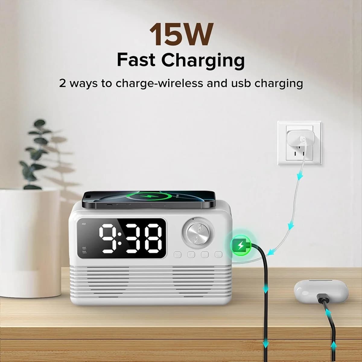 Vendita al dettaglio! Altoparlante Bluetooth wireless da 15 W con caricatore e radio orologio, stazione di ricarica wireless 4 in1 con radio FM per la casa bianca